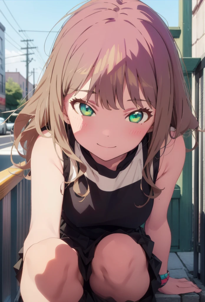 minami yume ,sss Dynazenon ,Long Hair, Brown Hair, (Green Eyes:1.5) ,blush,smile,hair band,Sleeveless shirt,Long skirt,short boots,Daytime,Clear skies,Walking,whole bodyがイラストに入るように, break looking at viewer, whole body,(Cowboy Shot:1. 5) , break outdoors ,Building district, break (masterpiece:1.2), Highest quality, High resolution, unity 8k wallpaper, (shape:0.8), (Beautiful and beautiful eyes:1.6), Highly detailed face, Perfect lighting, Extremely detailed CG, (Perfect hands, Perfect Anatomy),