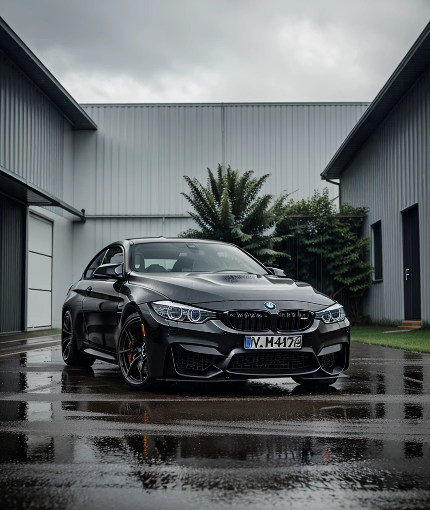 A black bmw m4 in rain