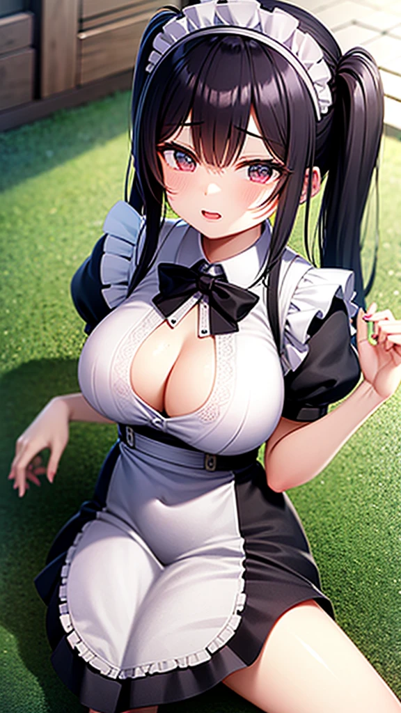 Black Hair Maid、Big Breasts、Panty shot、White Pants、sitting
