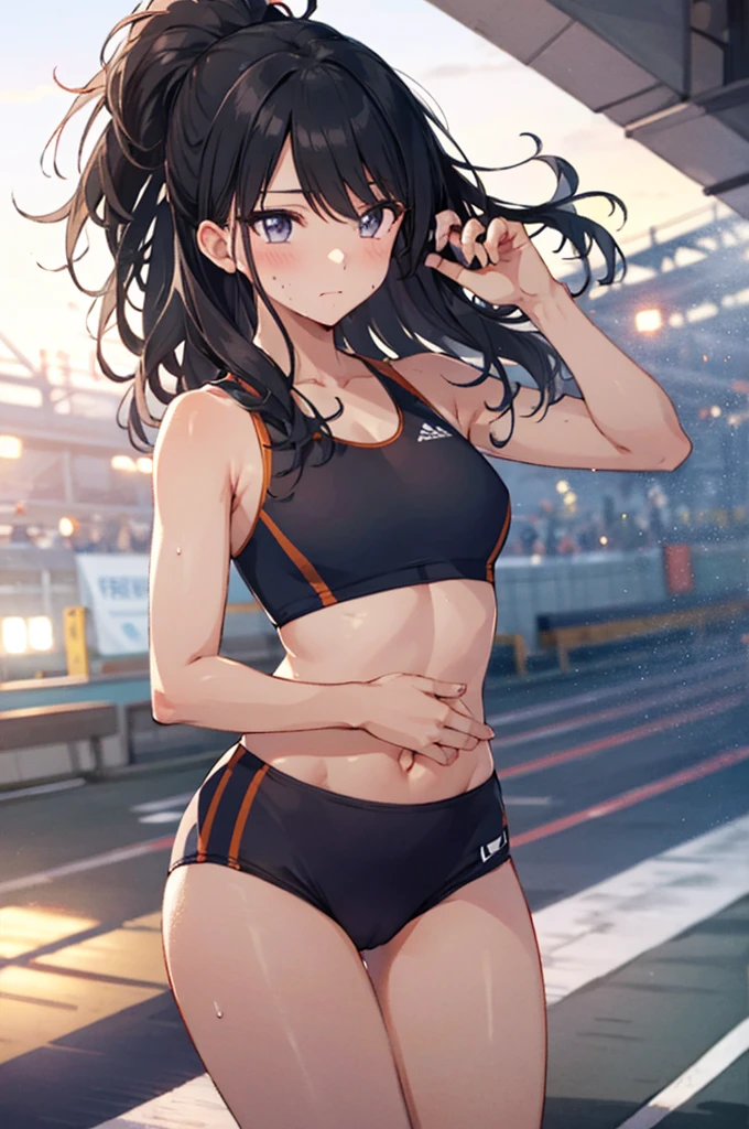 hiori kazano, long hair,ponytail,blush,track and field athlete,buruma,navel,sweat,steam,cameltoe,masterpiece,Noise Reduction,perfect anatomy,high resolution, ultra-detailed,game cg,dutch angle ,beautiful detailed eyes,visualart,(five fingers, perfect hands:1.3), perfect lighting,