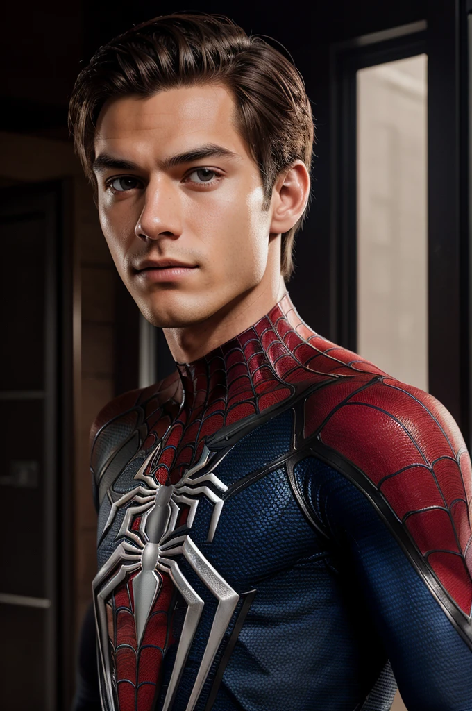 A photograph of spider man, no mask, 20 yo, handsome, detailed face, looking at camera, portrait, 8k uhd, high quality
