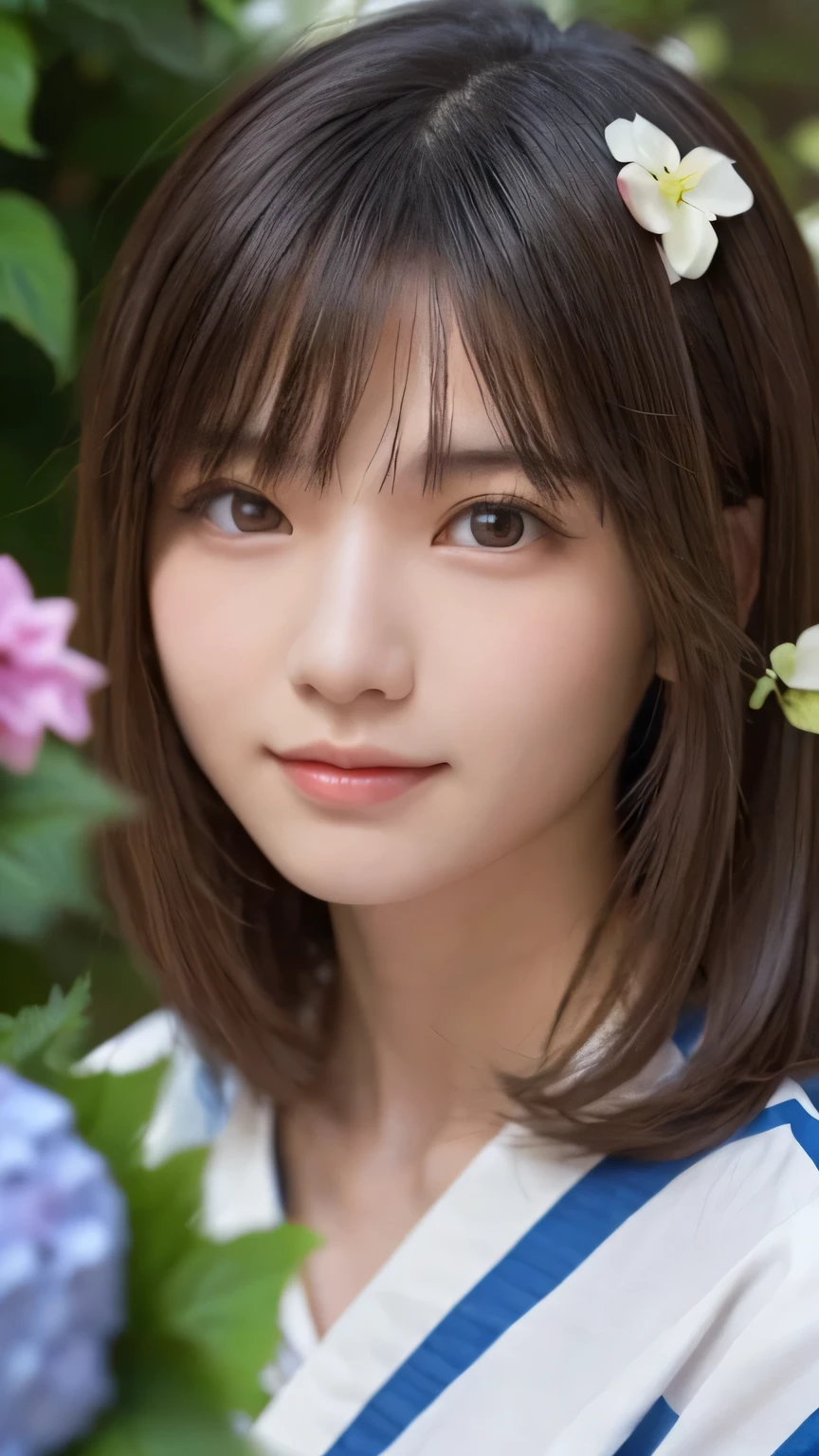 one girl, (a beauty girl, delicate girl:1.3), (:1.3),
break, (yukata, Japanese folk costume:1.2),
break, (glass vase, hydrangeas:1.2),
break, very fine eyes, (symmetrical eyes:1.3),
break, (big breasts:1.1), brown eyes, parted bangs, brown bobcut hair, round face,
break, (eyes and faces with detailed:1.0),
break, (masterpiece, best quality, ultra detailed, detailed face, 8k)