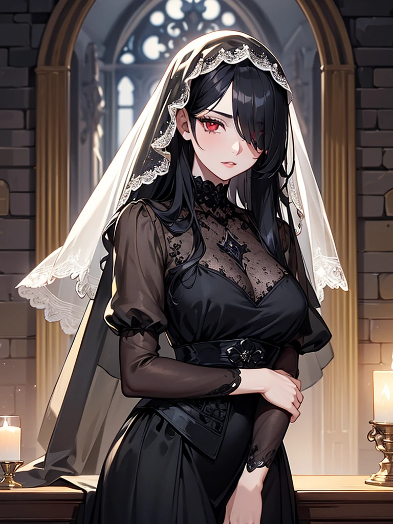 (Super detailed:1.3), ((((best quality)))), ((masterpiece)), female focus, solo,hotify, stunning beauty, powerful glow, detailed face, detailed eyes, detailed lips,castle interior background,(nighttime),moonlight,((black hair)),long hair, black mourning dress,((mourning veil)),red eyes, (pale skin:1.2),melancholic expression,straight bangs,bangs covering forehead,almond-shaped eyes,very cute face,cowboy shot, (hair over one eye),sheer sleeves,2 arms