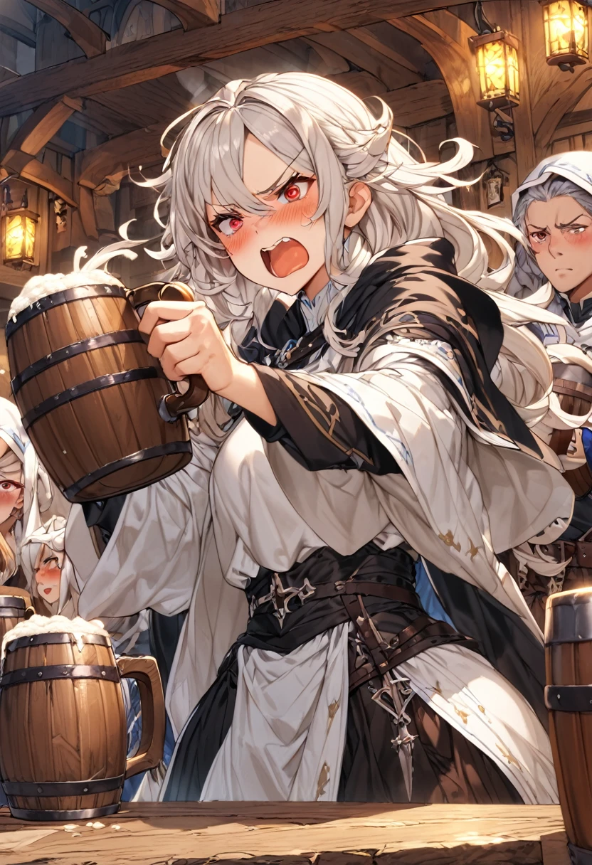 Adult female, average Height, very short brown nair, red eyes, cleric, black on white cleric robes, blushing, angry, tsundere, yelling, drunk, drinking from tankard, fantasy tavern, highly detailed, high quality, perfect eyes