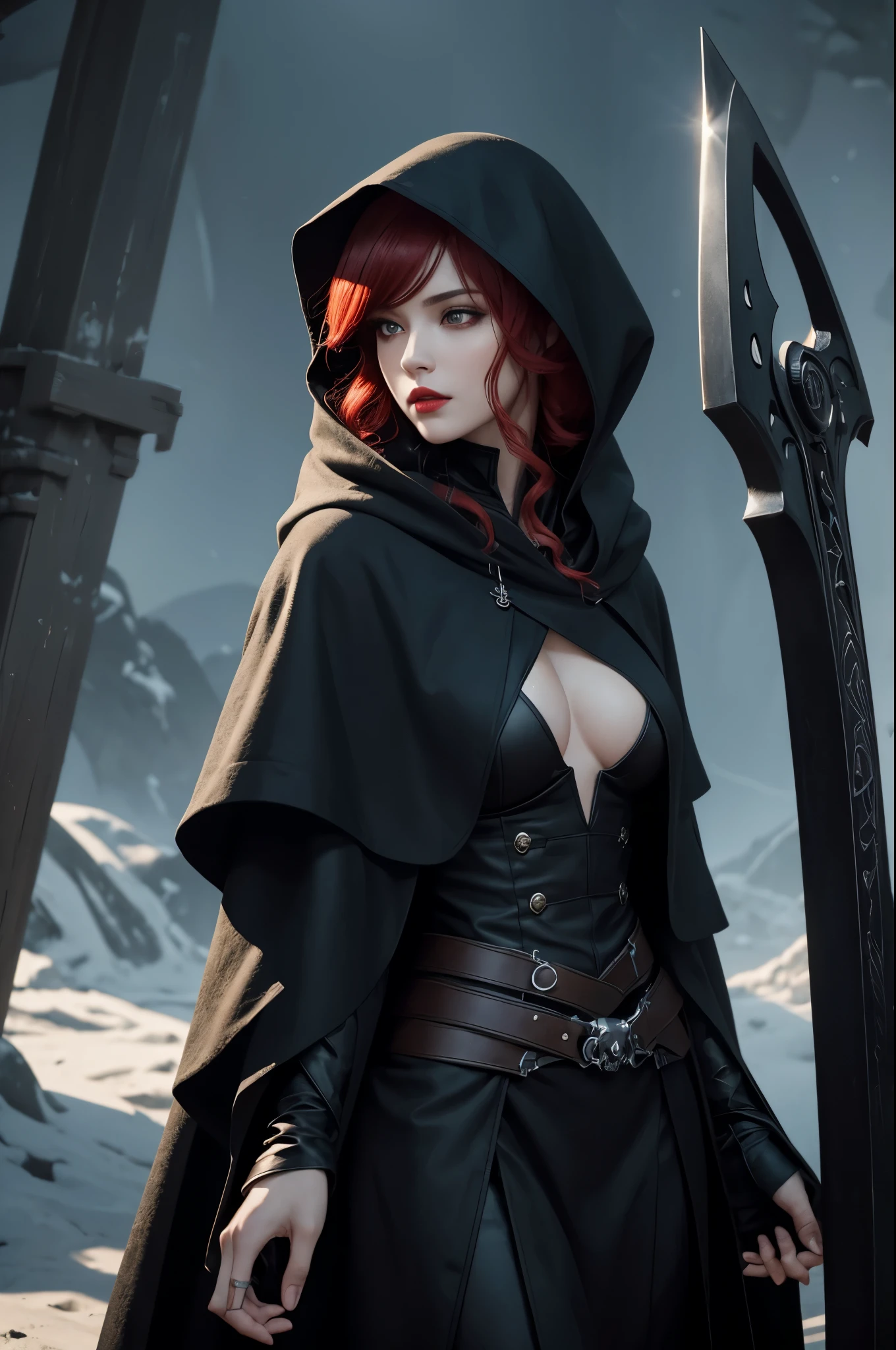 8K,Grim Reaper with a very large scythe,Skeleton Face,Red eyes,White haired mohawk,Black hooded robe,Highly detailed photos, Ultra-high resolution, masterpiece, Highest quality, Perfect glowing skin, Perfect lighting, Detailed lighting, Dramatic Shadows, Ray Tracing, Looking at the audience, Small breasts, Beautifully detailed hazel eyes, Sharp Face, Clear Eyes, Red lips, Long bangs, Short Curly Hair, Redhead, ((Dark Land of the Underworld)), Upper Body, masterpiece,Highest qualityのフォトリアリスティックなRAW写真。Bright colors,Rich colors, Backlight, Cinema Lighting, Film Grain, to be born, 50mm lens, Nikon D850,Detailed character art,Fantasy art,Ultra-high resolution,Ultra-Realistic Skin,Perfect hand shape,Deadly landscape,Skull coat of arms,