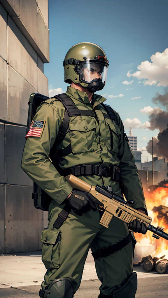 olive green armed guard with helmet and riot shield looking angry at me
