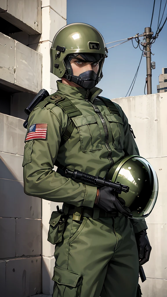 olive green armed guard with helmet and riot shield looking angry at me