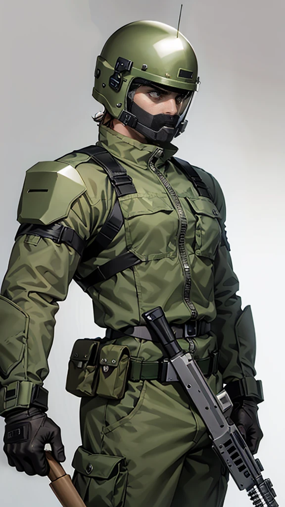 olive green armed guard with helmet and riot shield looking angry at me