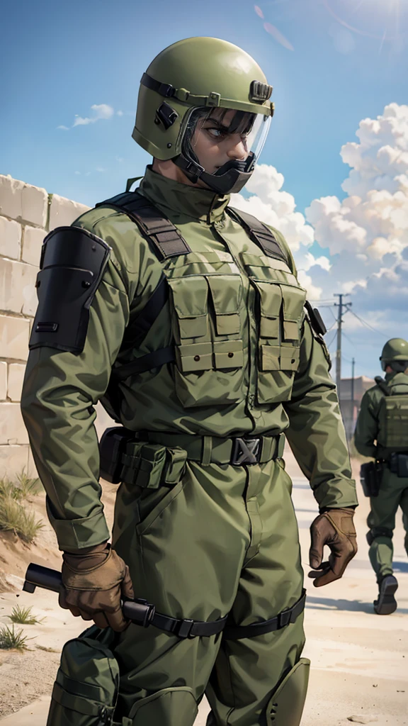 olive green armed guard with helmet and riot shield looking angry at me