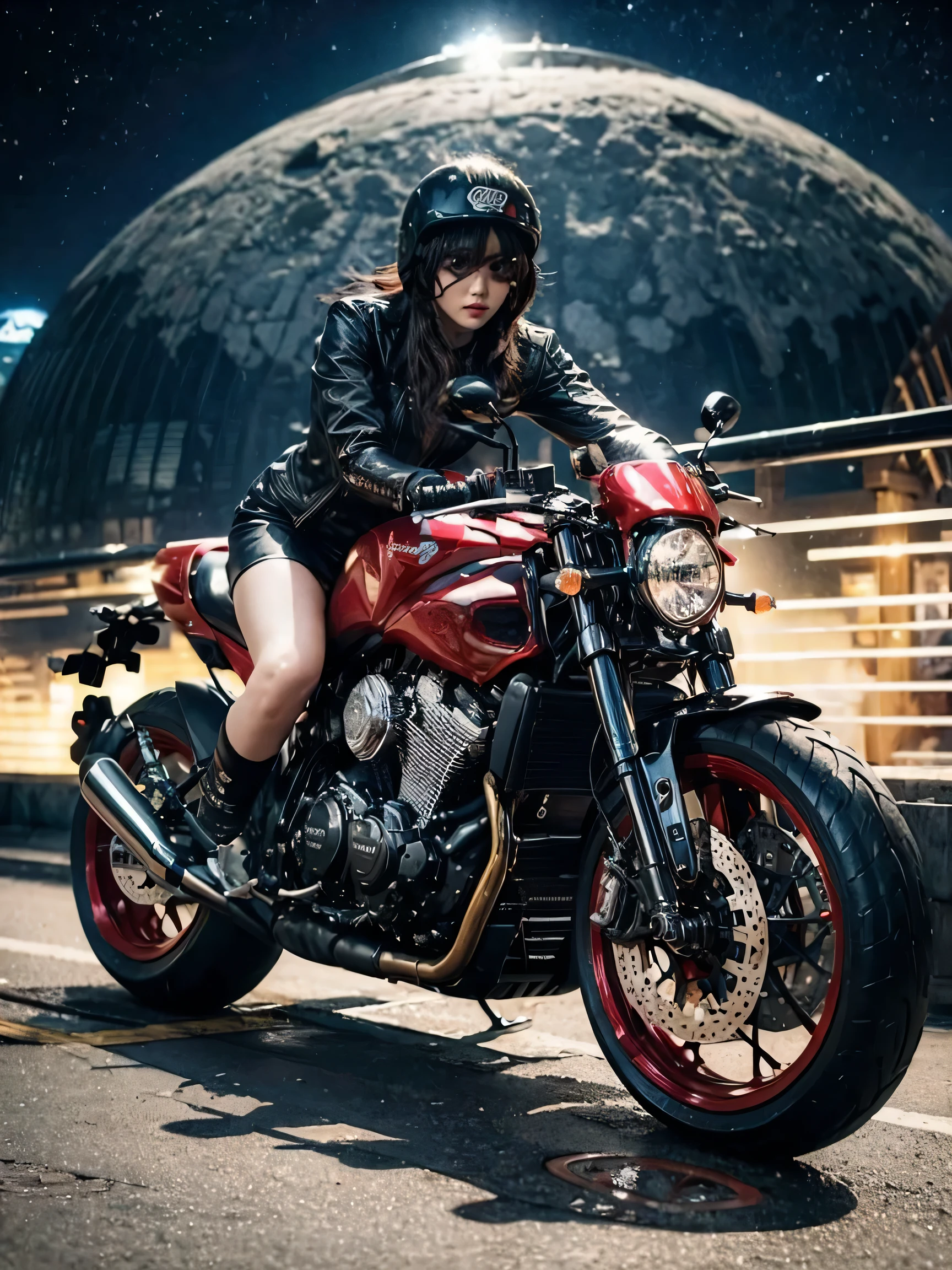 (masterpiece), (best quality), (best detail), (distant general view), (postage stamp),(main color of illustration: bright saturated red), (secondary color: lapis lazuli), a red cafe racer motorcycle driven by a woman with defiant stance, very detailed chassis, futuristic western scenery, night (many stars, moon), shading (detailed, much contrast), very saturated pulp colors