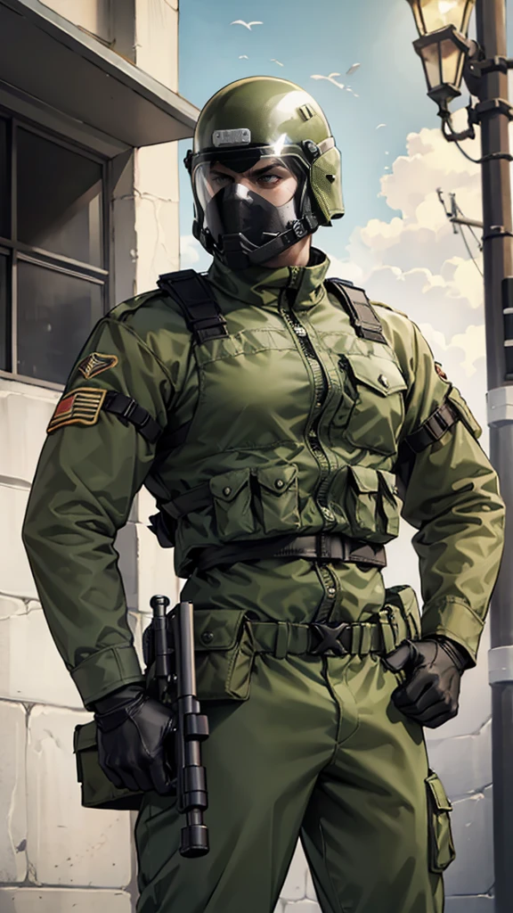 olive green armed guard with helmet and riot shield looking angry at me