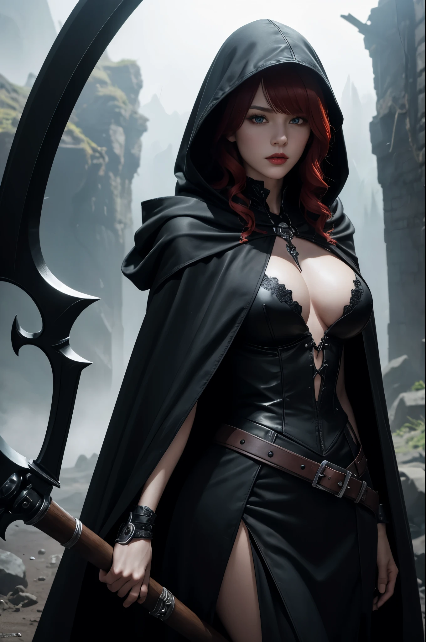 8K,Grim Reaper with a very large scythe,Skeleton Face,Red eyes,White haired mohawk,Black hooded robe,Highly detailed photos, Ultra-high resolution, masterpiece, Highest quality, Perfect glowing skin, Perfect lighting, Detailed lighting, Dramatic Shadows, Ray Tracing, Looking at the audience, Small breasts, Beautifully detailed hazel eyes, Sharp Face, Clear Eyes, Red lips, Long bangs, Short Curly Hair, Redhead, ((Dark Land of the Underworld)), Upper Body, masterpiece,Highest qualityのフォトリアリスティックなRAW写真。Bright colors,Rich colors, Backlight, Cinema Lighting, Film Grain, to be born, 50mm lens, Nikon D850,Detailed character art,Fantasy art,Ultra-high resolution,Ultra-Realistic Skin,Perfect hand shape,Deadly landscape,Skull coat of arms,