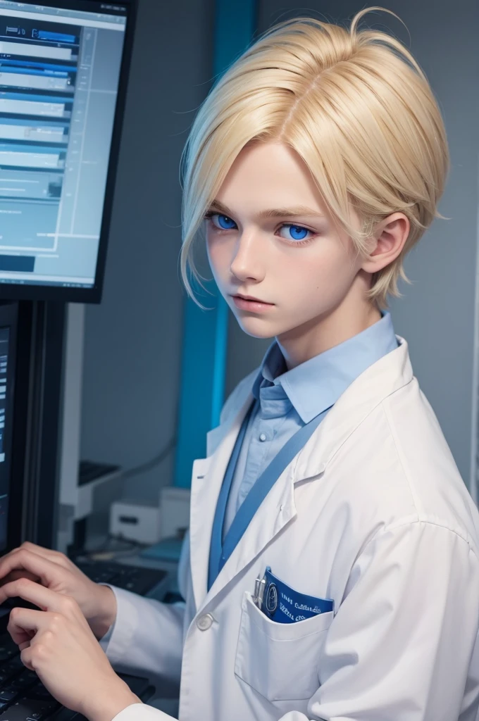 Make a blonde boy with blue eyes in a scientist outfit
