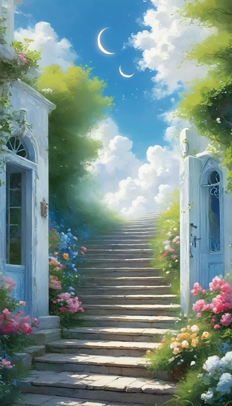 painting，Volume sense，A beautiful ethereal landscape, a long white cloud staircase leading to a door in a quiet blue sky, fluffy soft white clouds,Small Crescent， like a dream, fantastic, (best quality, 4K,8K, high resolution, Masterpiece :1.2), very detailed, (practical, photoppractical, Photo practical :1.37), landscape, fantasy, Dramatic lighting, bright colors, quiet, calming, calming, ethereal atmosphere