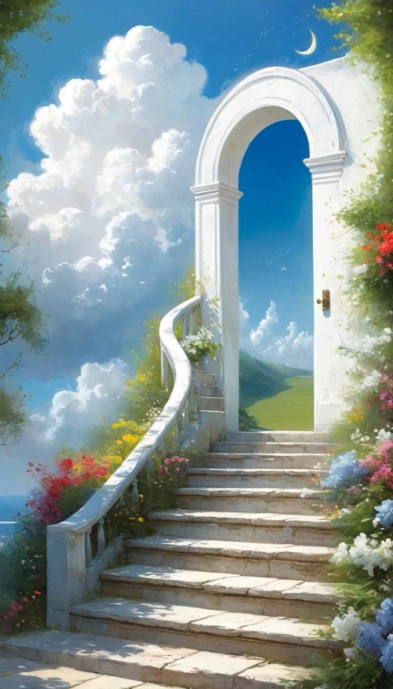 painting,Volume sense,A beautiful ethereal landscape, a long white cloud staircase leading to a door in a quiet blue sky, fluffy soft white clouds,Small Crescent, like a dream, fantastic, (best quality, 4K,8K, high resolution, Masterpiece :1.2), very detailed, (practical, photoppractical, Photo practical :1.37), landscape, fantasy, Dramatic lighting, bright colors, quiet, calming, calming, ethereal atmosphere