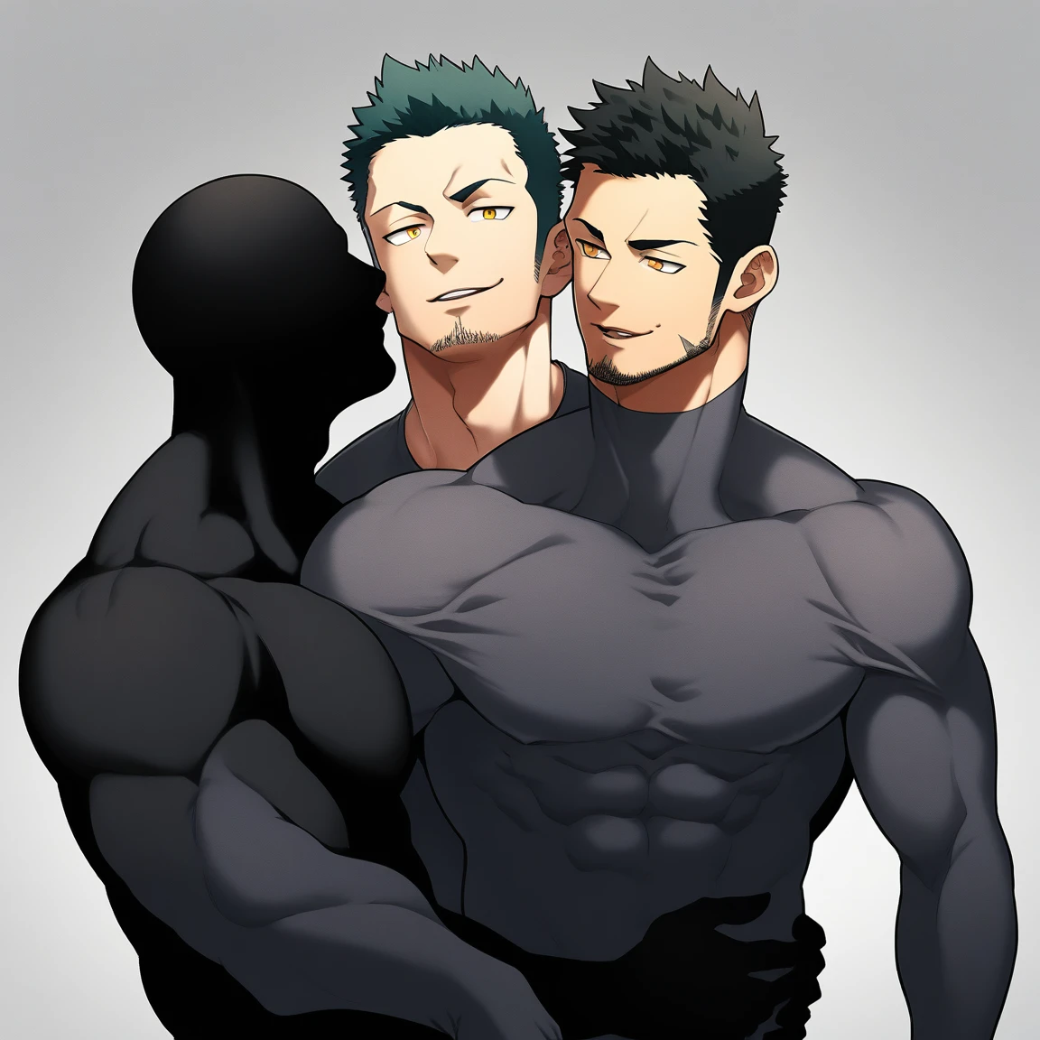 anime characters：Two superheroes in tights, Priapus and Muscle No Face skinhead superhero, No Face，negro black skin, They hugged and kissed each other, Bite your neck, Caress, Manliness, male focus, Yellow and black high collar long sleeve tight T-shirt, Slightly transparent material, Very tight, Round, full and perky chest muscles, Muscle waist, Slightly transparent, muscular male, muscular, only, Upper body, alone, Black short hair, Thick eyebrows, stubble, Yellow eyes, Grey background, simple background, amazing quality, best aesthetics, Ridiculous, bright pupils, crew cut, parted lips, seductive smile, torogao, naughty face, drop shadow, best quality