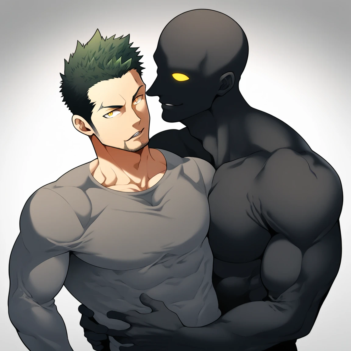 anime characters:Two superheroes in tights, Priapus and Muscle No Face skinhead superhero, No Face,negro black skin, They hugged and kissed each other, Bite your neck, Caress, Manliness, male focus, Yellow and black high collar long sleeve tight T-shirt, Slightly transparent material, Very tight, Round, full and perky chest muscles, Muscle waist, Slightly transparent, muscular male, muscular, only, Upper body, alone, Black short hair, Thick eyebrows, stubble, Yellow eyes, Grey background, simple background, amazing quality, best aesthetics, Ridiculous, bright pupils, crew cut, parted lips, seductive smile, torogao, naughty face, drop shadow, best quality