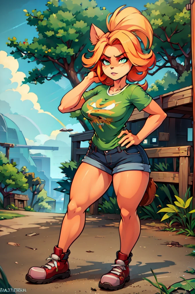 anthro bandicoot girl redhead beautiful green eyes, sexy , camoflage T-shirt, shorts, black shocks, shoes