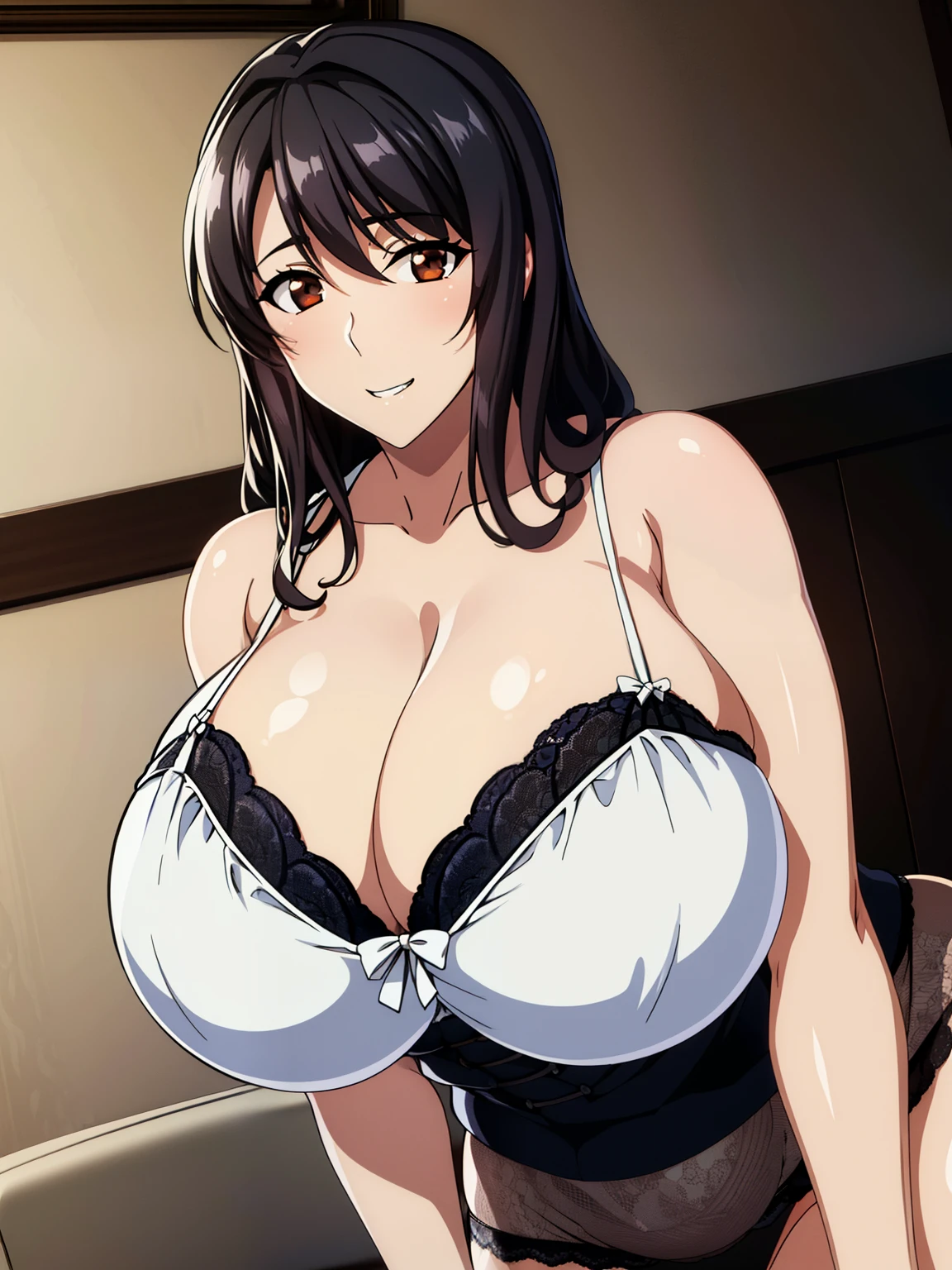 (超High resolution,4K,Very detailed, photograph, 8K, High resolution, High resolution, Absurd:1.2),35-year-old Japanese woman,Mature Body,expensive,(Long black hair:1.4),Beautiful character design,Beautifully detailed eye depiction,Perfect Face,Expressive eyes,Brown eyes,Grin,This is what you wanted to see,(Pure white lace bra:1.1),(White sheer lace panties:1.1),(Huge breasts:1.2),Tight waist,In the living room,Daytime,Bold Pose