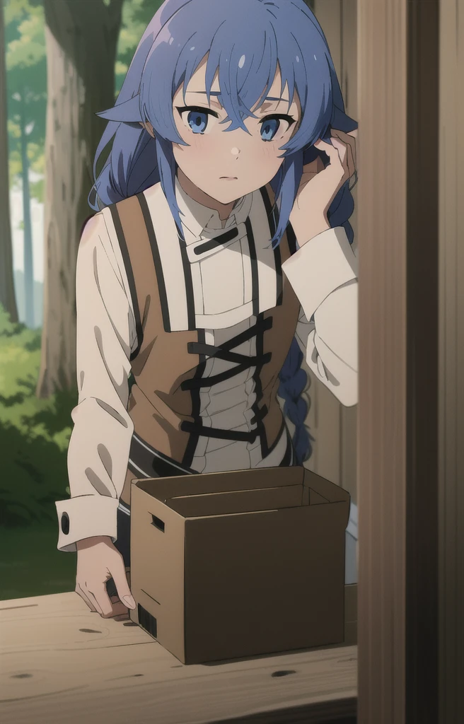 (One girl:1.5), (Small box:1.5), (Mushoku Tensei Style:1.3), ((Anime Coloring)), (Roxy:1.3),
((High resolution illustrations)), ((masterpiece)), ((Highest quality)), High detail,
(Textured skin:1.4), (Detailed blue hair: 1.9), (Detailed blue eyes:1.4), Very long hair, Very long hair, Complex Hair, Hair between the eyes, Nice hands, Perfect hands, Perfect body, Focus Only, Fine eyebrows, Hair between the eyes, Ahoge, Messy Hair, twin Braidings, Braiding,
Detailed lighting, Realistic colors, Bright colors,
Wizard's Hat, Cape, Capelet, Collared shirt, Black legwear, black skirt, Capelet, Jacket, brown Jacket, Long sleeve, miniskirt, Open clothes, open Jacket, pleated skirt, skirt, white Capelet, White footwear, white Jacket,
forest, Fantasy, Day,