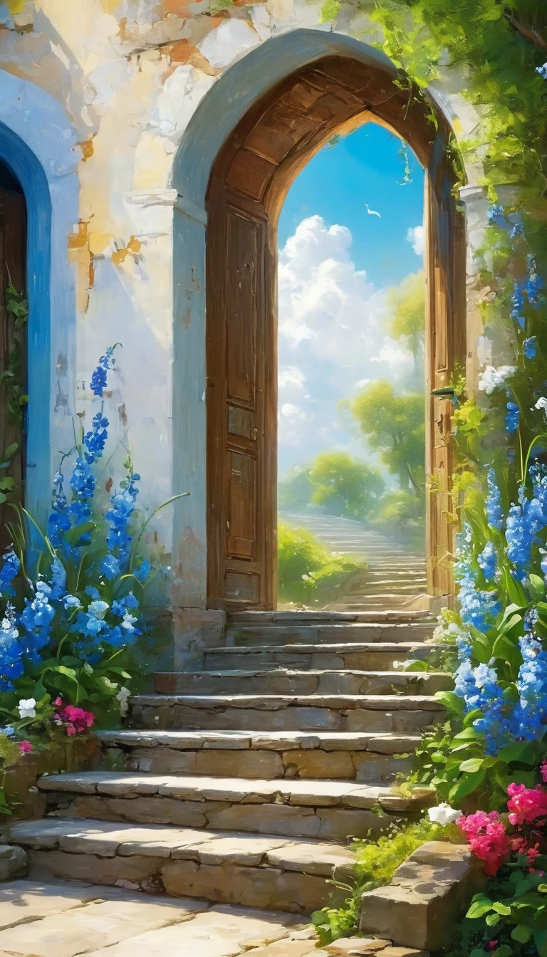 painting，Volume sense，A beautiful ethereal landscape, a long white cloud staircase leading to a door in a quiet blue sky, fluffy soft white clouds,Small Crescent， like a dream, fantastic, (best quality, 4K,8K, high resolution, Masterpiece :1.2), very detailed, (practical, photoppractical, Photo practical :1.37), landscape, fantasy, Dramatic lighting, bright colors, quiet, calming, calming, ethereal atmosphere