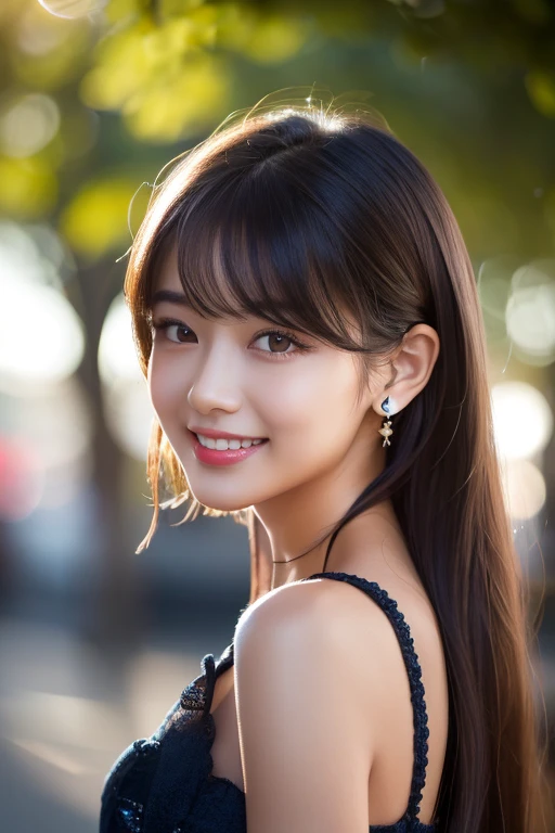 (((True Beauty))),  Black Hair、folder、Round eyes、False eyelashes、Straight hair, Wavy Hair、correct、Deep Red Lipstick、Striped Hair、Brown Hair、Blue Hair、(Gradient Hair)、Asymmetrical Hair、Hair behind the ear、Crossed bangs、Long Hair、((お尻までLong Hair))、Long Hair、Smooth, Silky Hair、Hair up on one side、とんでもなくLong Hair、Light brown eyes、Ring Eye、Round eyes、Wicked Smile、A light smile、Cast a Shadow、(Extraordinary presence)、Atmospheric perspective、Backlight、Exposure、Lens flare、、最high quality、超High resolution、超High resolution、Very realistic, masterpiece、correct、Textured skin、high quality、最high quality、Awards、32k, 髪のfolder、Crafty、B Cup 、bold、（A light smile）、Embarrassed laugh、Redness in the ears、correct、Shine、360° View、Very detailed、超High resolution、解剖学的にcorrect、masterpiece、Accentuate your breasts、High resolution、High detail、Long eyelashes、A slight blush、Compensate,I&#39;I don't want to wear clothes、 (((Full Body Shot)))、（((Roll up your hair))）、Seductive pose、Shooting from a distance、Different angles of view、Waist height 、Hair blowing in the wind、（Navel exposed 1.3），Skin-colored transparent forceps，（(Black transparent pantyhose 1.5)），(Straighten your legs)， jewelry, Night view, 立つ up straight, Big earrings，Soft Light，Top Glitter
