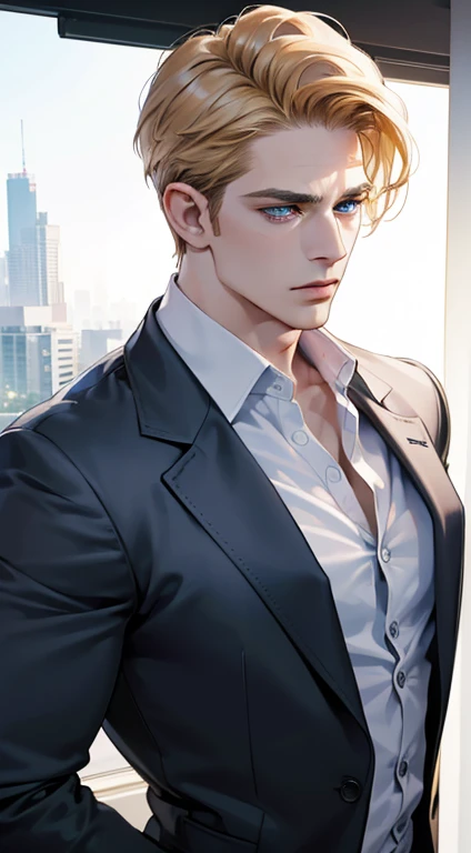 (best quality, masterpiece, 8K, photorealistic, cinematic lighting, 1:4 hdr image, ultra detailed, beautiful image), a mature man, 34 years very handsome, ((cold expression)), short golden hair, blue eyes, face perfect without mistakes, ((buttoning his jacket, CEO))