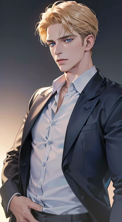 (best quality, masterpiece, 8K, photorealistic, cinematic lighting, 1:4 hdr image, ultra detailed, beautiful image), a mature man, 34 years very handsome, ((cold expression)), short golden hair, blue eyes, face perfect without mistakes, ((buttoning his jacket, CEO))