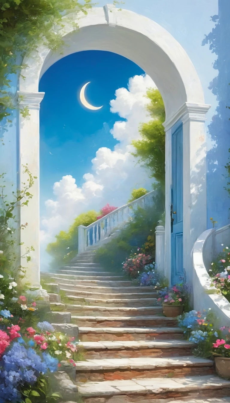 painting，Volume sense，A beautiful ethereal landscape, a long white cloud staircase leading to a door in a quiet blue sky, fluffy soft white clouds,Small Crescent， like a dream, fantastic, (best quality, 4K,8K, high resolution, Masterpiece :1.2), very detailed, (practical, photoppractical, Photo practical :1.37), landscape, fantasy, Dramatic lighting, bright colors, quiet, calming, calming, ethereal atmosphere