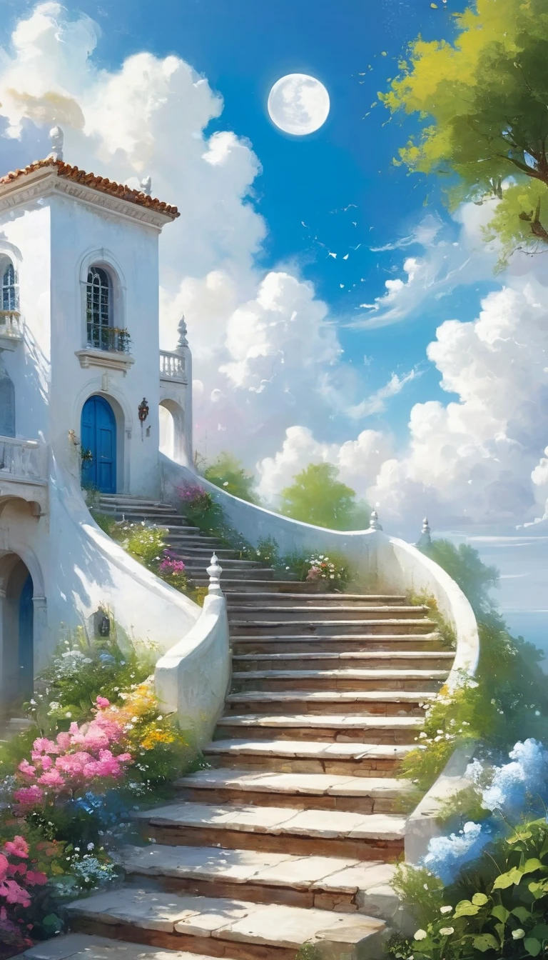 painting,Volume sense,A beautiful ethereal landscape, a long white cloud staircase leading to a door in a quiet blue sky, fluffy soft white clouds,Small Crescent, like a dream, fantastic, (best quality, 4K,8K, high resolution, Masterpiece :1.2), very detailed, (practical, photoppractical, Photo practical :1.37), landscape, fantasy, Dramatic lighting, bright colors, quiet, calming, calming, ethereal atmosphere