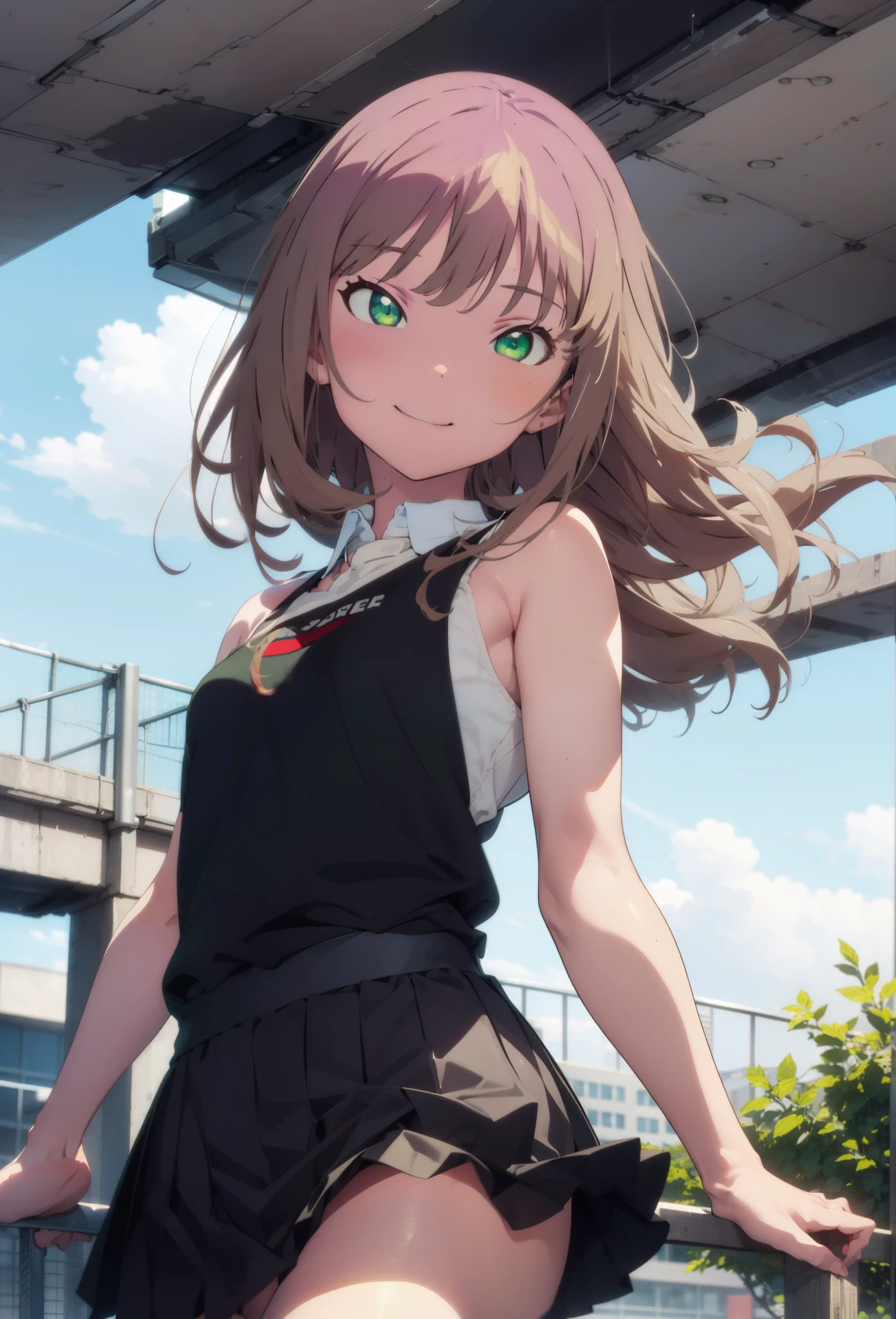 minami yume ,sss Dynazenon ,Long Hair, Brown Hair, (Green Eyes:1.5) ,blush,smile,hair band,Sleeveless shirt,Long skirt,short boots,Daytime,Clear skies,Walking,whole bodyがイラストに入るように, break looking at viewer, whole body,(Cowboy Shot:1. 5) , break outdoors ,Building district, break (masterpiece:1.2), Highest quality, High resolution, unity 8k wallpaper, (shape:0.8), (Beautiful and beautiful eyes:1.6), Highly detailed face, Perfect lighting, Extremely detailed CG, (Perfect hands, Perfect Anatomy),