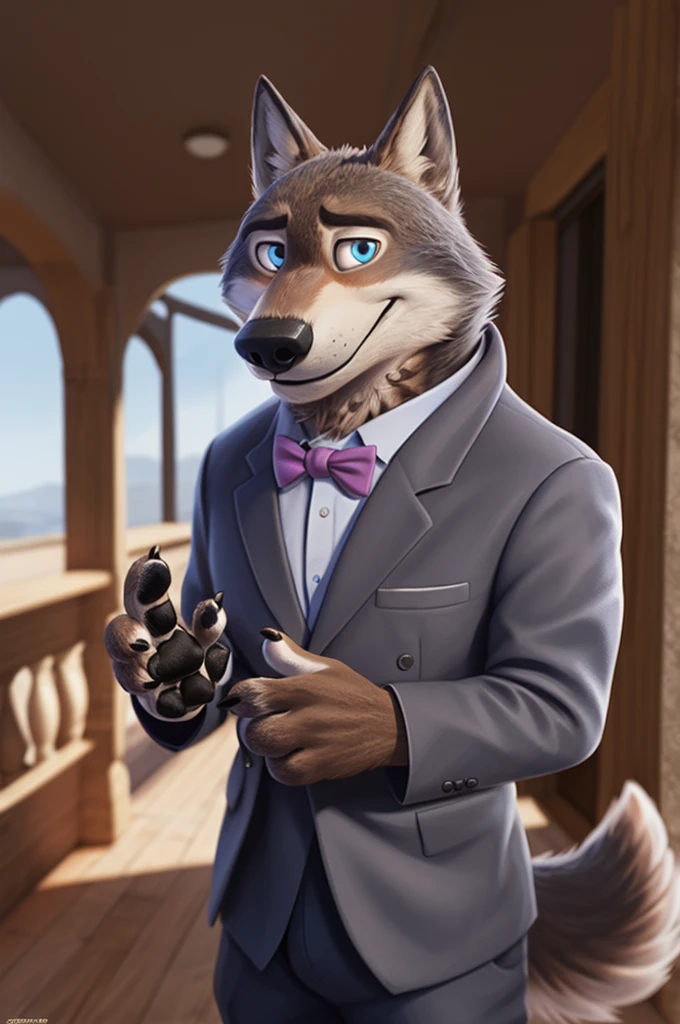 Larry (Zootopia), wolf, Gray Fur, (brown body:1.3), beautiful blue eyes, Zootopia, dressed,blazer,pink shirt,trousers,bow tie, canine,wolf, Detailed fur, male, antro, paw pads, finger claws,одевает bow tie, Plays,at viewer, 5 fingers, paws, 4 toes, in the marriage palace, groom, next to stepfather, белый wolf, 
BREAK from nextel, for dating, by xenoforge, (difficult, high detail,digital photography, soft focus, RAW, close to the camera, smile, positive, good, mood, Houses, looks at the viewer, очень close to the camera,restored, ring on a finger,женится restored
Фотореализм, realistic, photorealistic,digital style, Subsurface scattering,очень close to the camera
шедевр, Best quality, ultra realistic, 8 k)