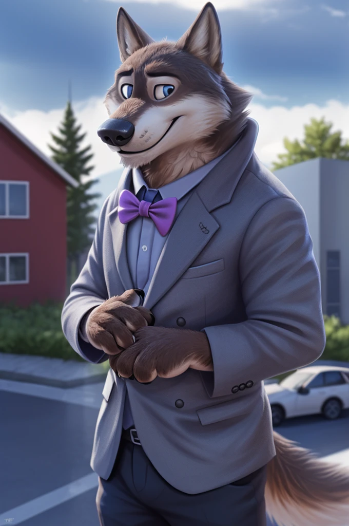 Larry (Zootopia), wolf, Gray Fur, (brown body:1.3), beautiful blue eyes, Zootopia, dressed,blazer,pink shirt,trousers,bow tie, canine,wolf, Detailed fur, male, antro, paw pads, finger claws,одевает bow tie, Plays,at viewer, 5 fingers, paws, 4 toes, in the marriage palace, groom, next to stepfather, белый wolf,
BREAK from nextel, for dating, by xenoforge, (difficult, high detail,digital photography, soft focus, RAW, close to the camera, smile, positive, good, mood, Houses, looks at the viewer, очень close to the camera,restored, ring on a finger,женится restored
Фотореализм, realistic, photorealistic,digital style, Subsurface scattering,очень close to the camera
шедевр, Best quality, ultra realistic, 8 k)