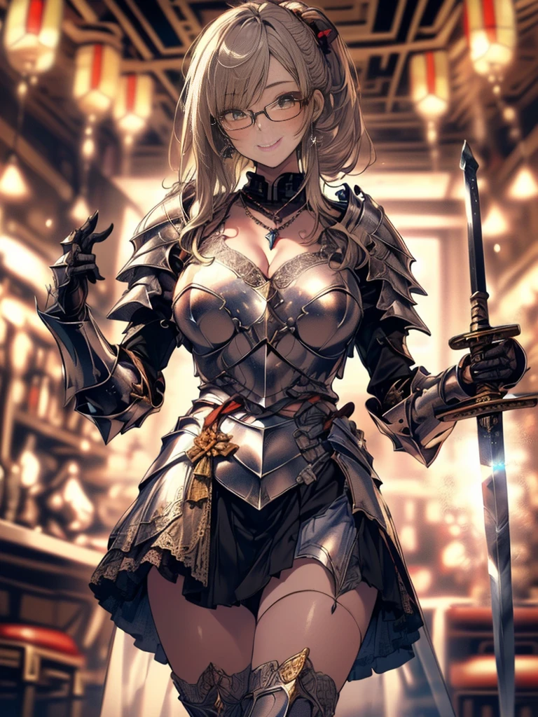 (Highest quality, masterpiece), (Ultra-high resolution, 8k RAW photos, Photorealistic:1.5, Cinema Lighting, Fabric Shading, Thin contours, Clear focus:1.2), Beautiful mature woman, Leaning forward, Long legs, Blonde, (Wearing thin glasses:1.5), (Mature Woman:1.5, 28 years old, alone),  (1 female:1.6), (Large Breasts, Saggy breasts, big , Tight waist), whole bodyesbian, (long hair:1.2, Blonde, forehead:1.2,ponytail, straight hair:1.2), (thin and bright pupils, Highlighted, detailed eyes:1.3, A face with attention to detail, perfect face shape, Bloodshot eyes), (A seductive smile, Half-close your eyes:1.2), (Looking at the audience:1.3), (Dutch Angle, whole body:0.5, From below:1.5), ((Correct Anatomy:1.5, The right move)), (Ideal body proportions),(((Fluttering lace flared mini skirt, Sexy silver armor with attention to detail:1.5、red and black boots、Silver Helmet、Silver Gauntlets、Jeweled、Gold decoration)))、Slender、(Thighs Thighs Thighs Thighs:0.8)、(At the bar、Artistic stained glass、Hello Point、Mysterious、Particles of light、Solemn、Nikko is、colorful、Fantastic:1.2)、(Fantastic:1.3)、(Female knight with sword:1.8)、Cross Necklace:1.2, (Dynamic pose),