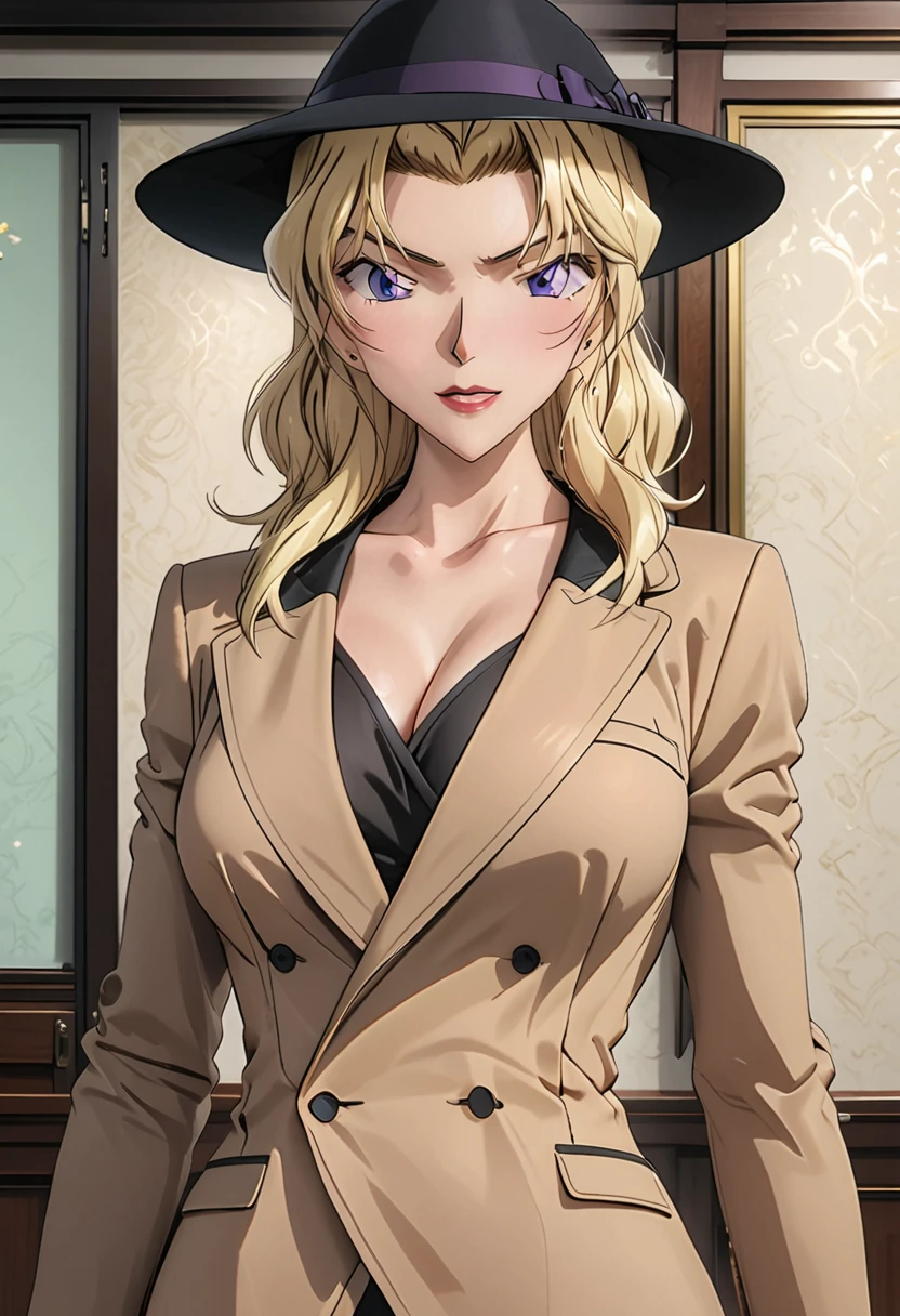 (Black stockings, Brown jacket, Lady hat：1.3），Perfect body, blonde hair，（anime, ,masterpiece, accurate,high quality,best quality, highres, 8k：1.3）