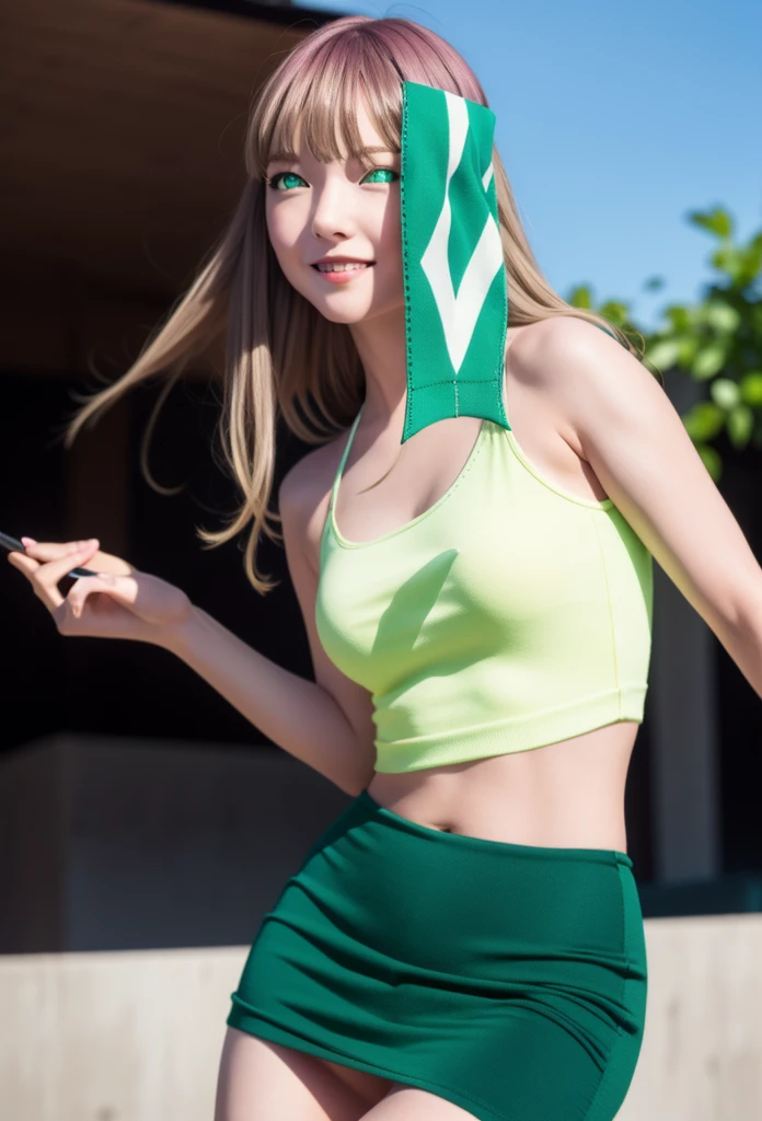 minami yume ,sss Dynazenon ,Long Hair, Brown Hair, (Green Eyes:1.5) ,blush,smile,hair band,Sleeveless shirt,Long skirt,short boots,Daytime,Clear skies,Walking,whole bodyがイラストに入るように, break looking at viewer, whole body,(Cowboy Shot:1. 5) , break outdoors ,Building district, break (masterpiece:1.2), Highest quality, High resolution, unity 8k wallpaper, (shape:0.8), (Beautiful and beautiful eyes:1.6), Highly detailed face, Perfect lighting, Extremely detailed CG, (Perfect hands, Perfect Anatomy),