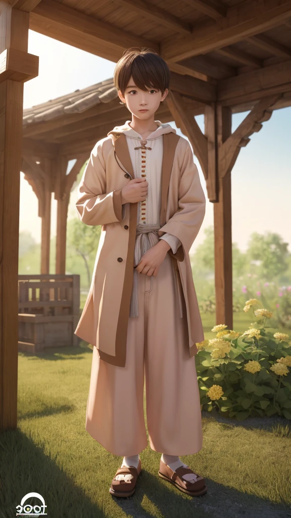 3DCG illustration、A man born from a peach, dressed in the clothes of a 10-year-old、Scene of villagers being blessed。Anime Style。Scene of jumping out of a big peach、Cheerful boy、looks fun、People around me々Blessed