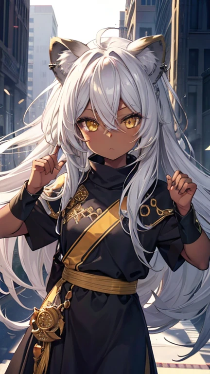 ,girl,Best image quality,,Grey Hair,,Yellow Eyes,Lion ears,Brown Skin,Dark Skin,Lion&#39;tail,short hair,Straight hair,Dense forest,Moonlit Night,rain,rainを浴びる,the navel sticks out,uniform,,Toned body,,,