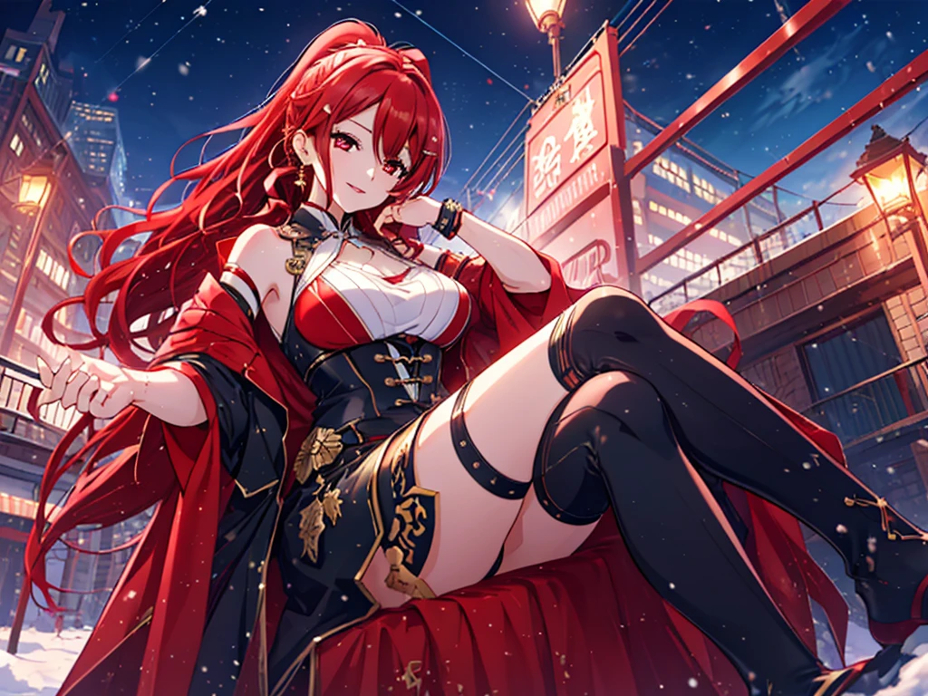 White Breath, Crossing your legs, Anime style painting, Aurora, Snow Country, An illustration, Calm expression, Perfect hands, elder, Redhead, Dignity at 50, ほろ酔いのwoman, alone、masterpiece、Highest quality、(Babes)、Fractal Art、Red eyes、Narrow eyes、Black and red dress, Reddish lips、From the shoulders up、smile、一人のwoman、Red Long Ponytail, Curly Hair, Red eyes,Golden accessories, alone, Big Breasts, woman, Take-out, Provocative laughter,40 year old woman,Queen of Sadism, Perfect Human Medicine,