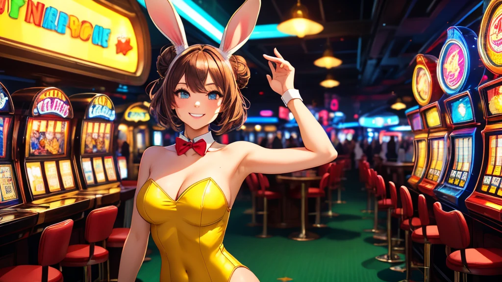 masterpiece, best quality, 1girl, solo, random face and hair style, random hair color, random pose, looking at viewer, breasts, playful, smiling, mature female, collarbone, janeporter, hair bun, playboy bunny, detached collar, fake animal ears, rabbit ears, rabbit tail, cyberpunk, neon lights, indoors, casino, yellow leotard, bowtie, depth of field,