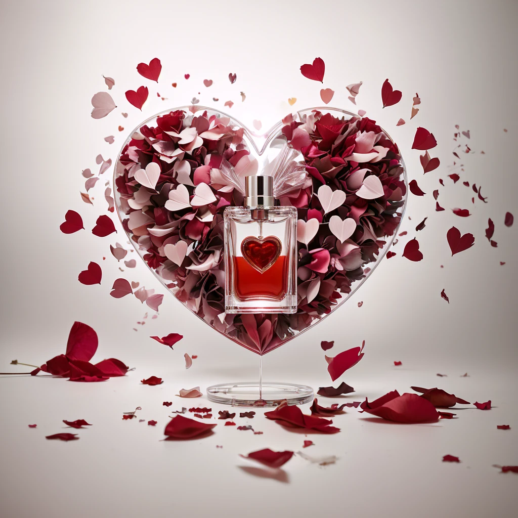 hanging perfume container spilling cascading red hearts transitioning with colorful rose petals to the floor, araffe heart shaped bottle of perfume with petals and hearts flying around, by Aleksander Kotsis, by Zofia Stryjenska, by Jakob Gauermann, by Arabella Rankin, by Emma Andijewska, by Anna Findlay, by Alfredo Volpi, by Mathias Kollros, by Gabriel Ba, by Anato Finnstark