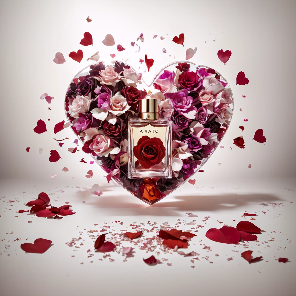 hanging perfume container spilling cascading red hearts transitioning with colorful rose petals to the floor, araffe heart shaped bottle of perfume with petals and hearts flying around, by Aleksander Kotsis, by Zofia Stryjenska, by Jakob Gauermann, by Arabella Rankin, by Emma Andijewska, by Anna Findlay, by Alfredo Volpi, by Mathias Kollros, by Gabriel Ba, by Anato Finnstark