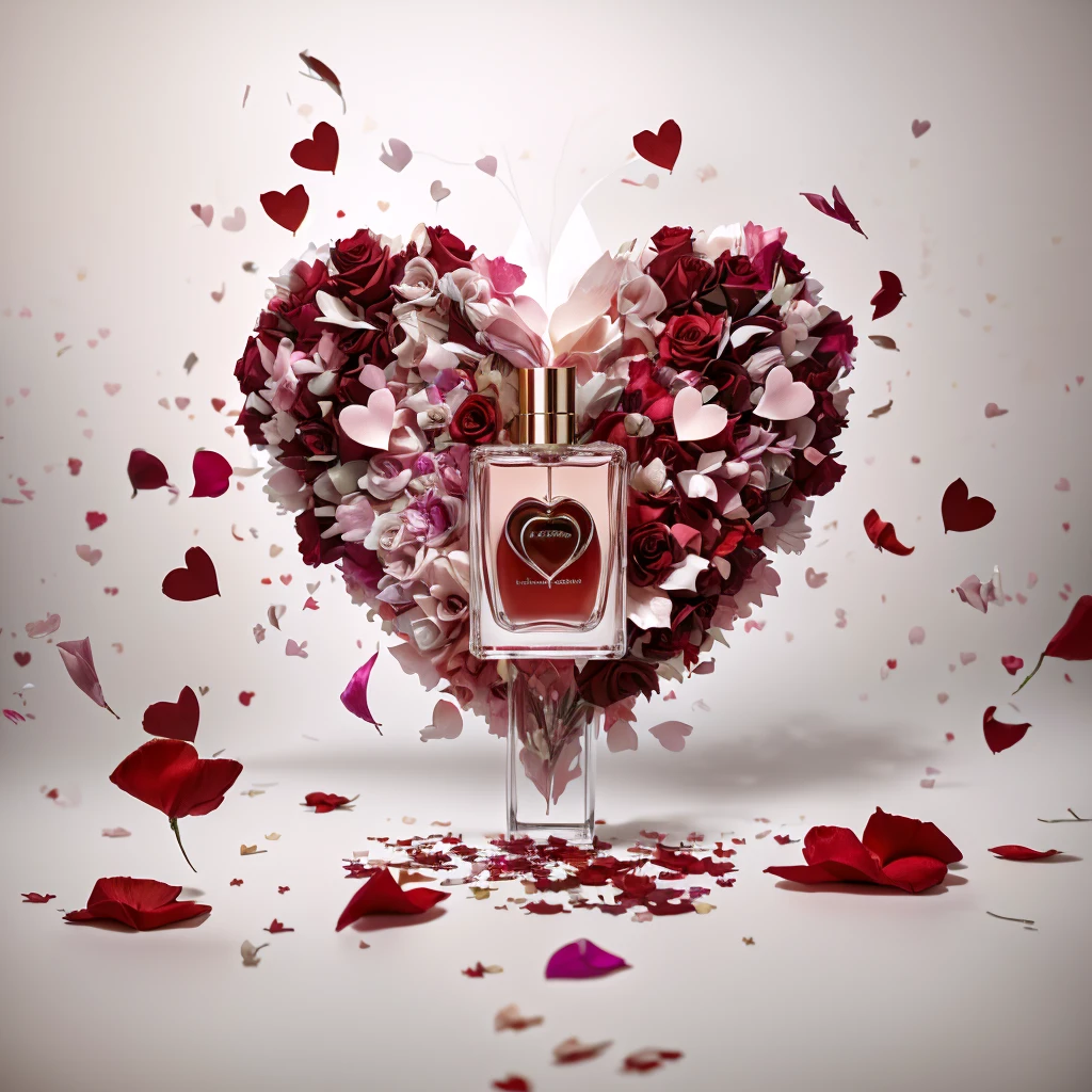 hanging perfume container spilling cascading red hearts transitioning with colorful rose petals to the floor, araffe heart shaped bottle of perfume with petals and hearts flying around, by Aleksander Kotsis, by Zofia Stryjenska, by Jakob Gauermann, by Arabella Rankin, by Emma Andijewska, by Anna Findlay, by Alfredo Volpi, by Mathias Kollros, by Gabriel Ba, by Anato Finnstark