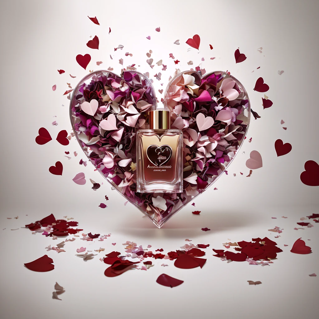 hanging perfume container spilling cascading red hearts transitioning with colorful rose petals to the floor, araffe heart shaped bottle of perfume with petals and hearts flying around, by Aleksander Kotsis, by Zofia Stryjenska, by Jakob Gauermann, by Arabella Rankin, by Emma Andijewska, by Anna Findlay, by Alfredo Volpi, by Mathias Kollros, by Gabriel Ba, by Anato Finnstark