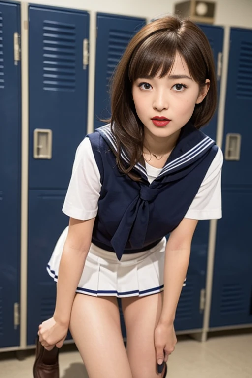 (((Perfect Anatomy、Anatomically correct、Ultra-dense skin)))、Shiny skin、Watching the viewer、((Back view、From below))、Beautiful Hair、Beautiful Face、Fine and beautiful eyes、(blue eyes、Baby Face、Mole under the eye、Beautiful clavicle、Beautiful body、Beautiful breasts、Camel Toe、((Short sleeve、Cute sailor uniforms, all in navy blue、Dark navy pleated skirt、Navy blue sailor color、Sailor scarf、socks、Brown Loafers))、誘惑的なThighs、(Red Slave Collar)、((Embarrassing、was scary、sad、Half mouth))、standing、(((Leaning forward)、take off your clothes、Raise one leg、Pulling on white panties))、(Beautiful Landscape)、summer、School、locker room、8K、Highest quality、masterpiece:1.2、Very detailed）、（Real）、Beautiful illustrations、Natural light、whole body、Red lipstick、Thighs、Long legs、