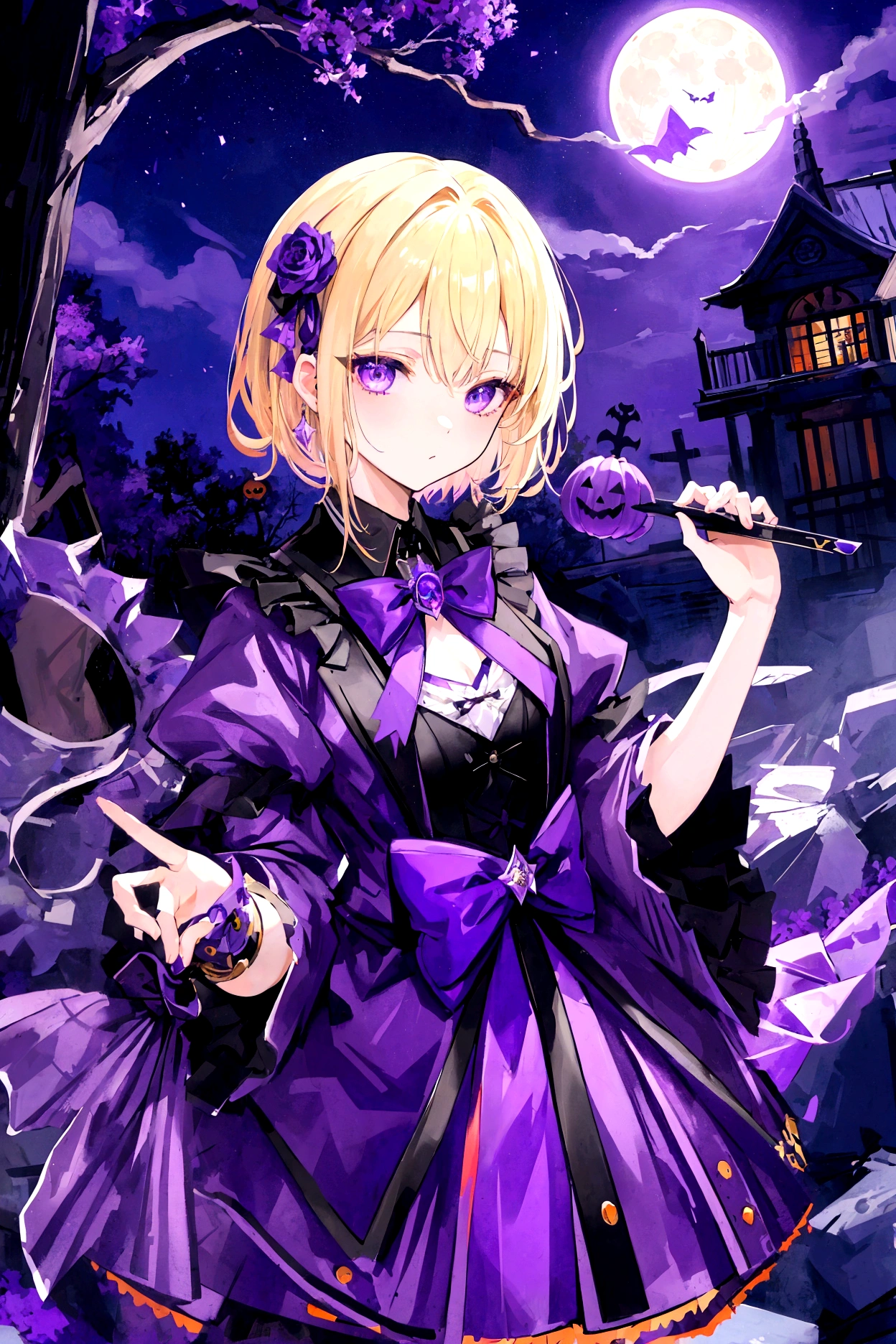 male、Female banned、Highest quality、masterpiece、High school boys、Halloween purple image,Blonde Short Hair、full moon、Purple night sky、Boneyard