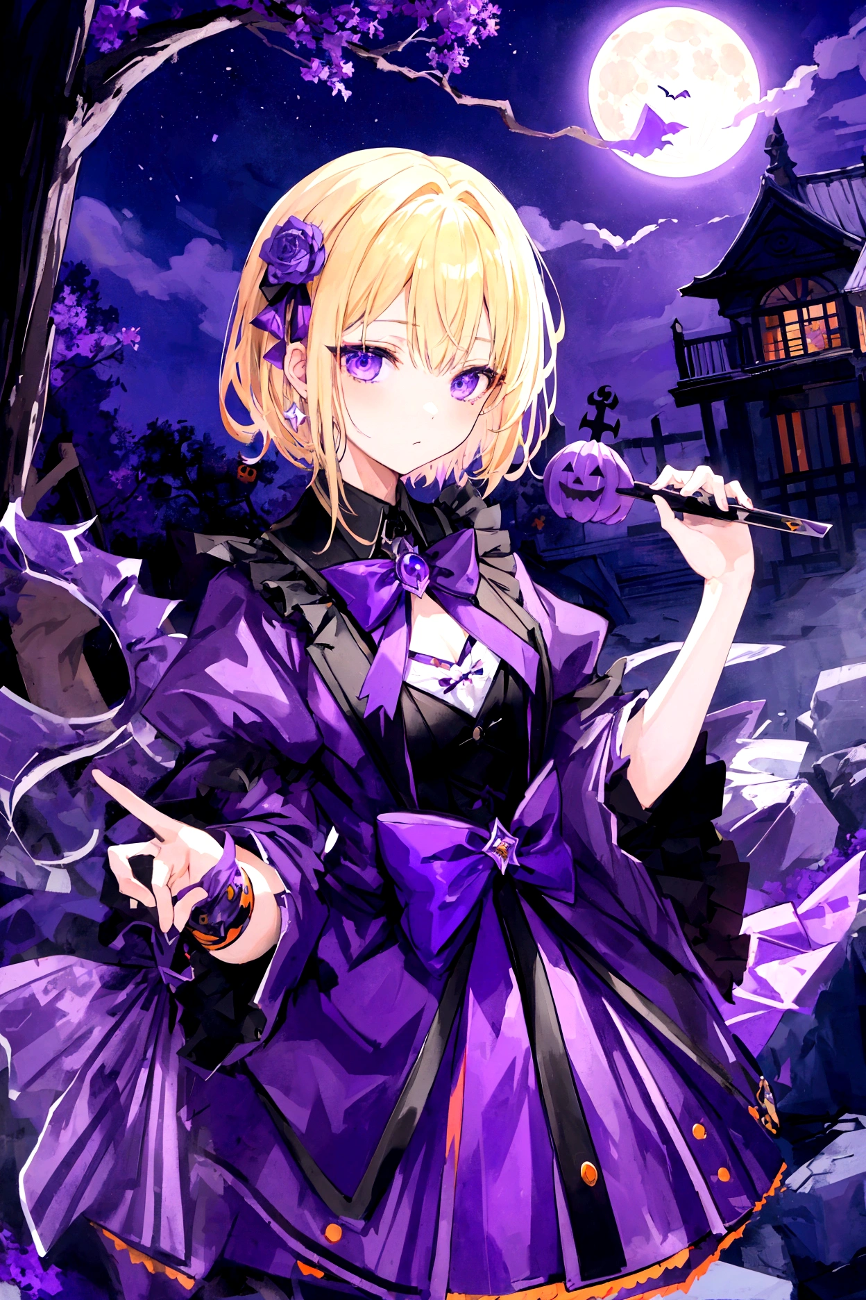 male、Female banned、Highest quality、masterpiece、High school boys、Halloween purple image,Blonde Short Hair、full moon、Purple night sky、Boneyard