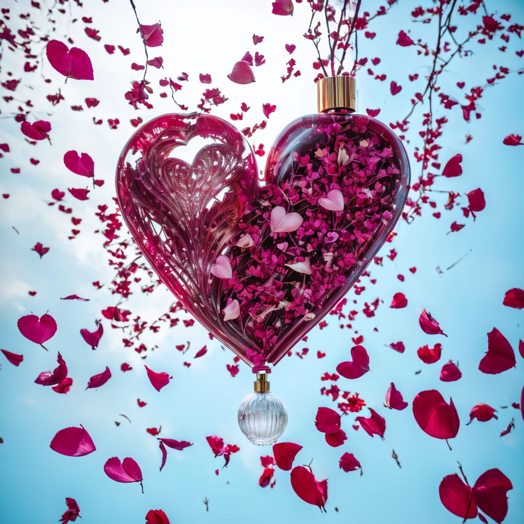 hanging perfume container spilling cascading red hearts transitioning with colorful rose petals to the floor, araffe heart shaped bottle of perfume with petals and hearts flying around, by Aleksander Kotsis, by Zofia Stryjenska, by Jakob Gauermann, by Arabella Rankin, by Emma Andijewska, by Anna Findlay, by Alfredo Volpi, by Mathias Kollros, by Gabriel Ba, by Anato Finnstark
