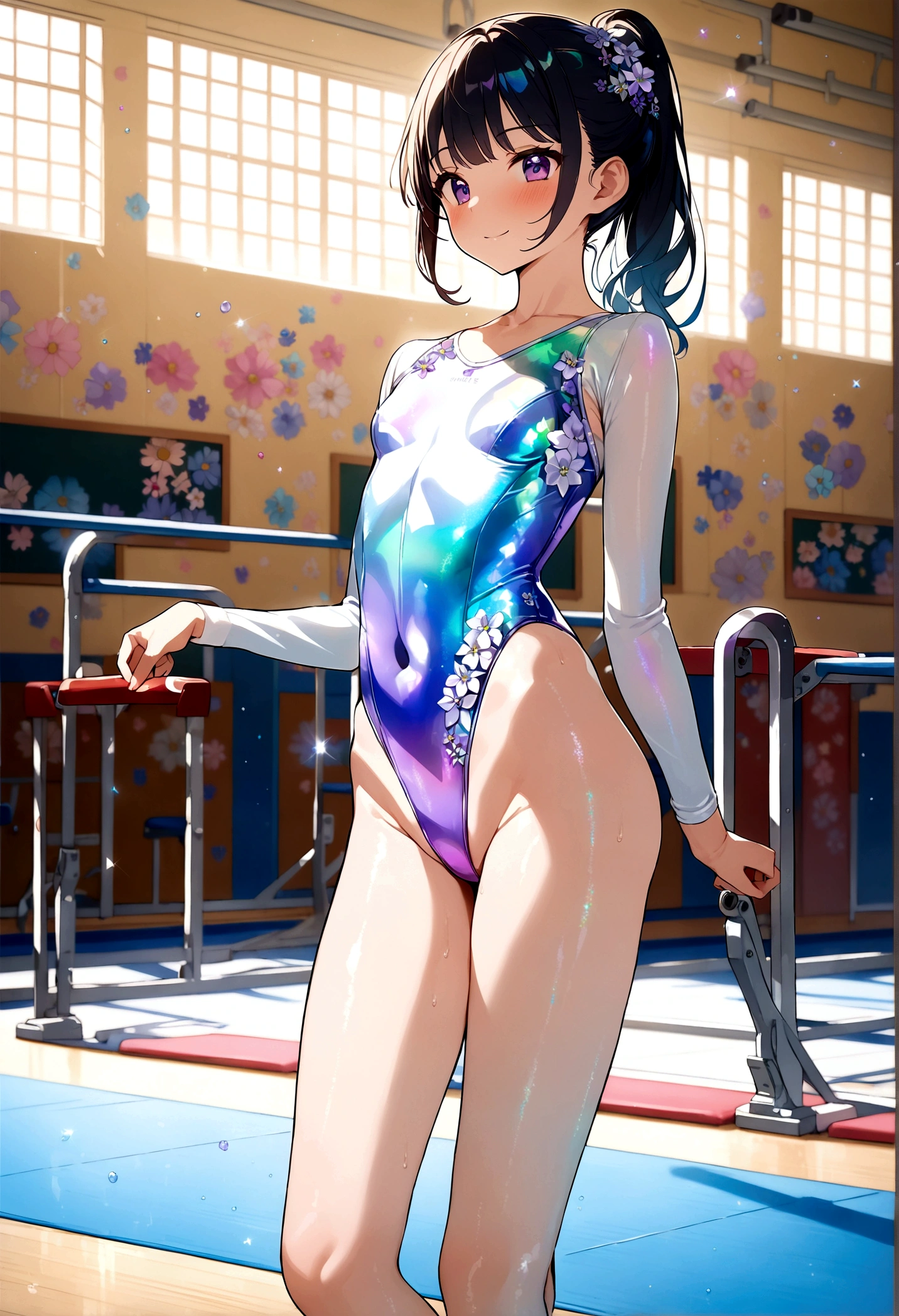 highquality illustration, masterpiece, very delicate and beautiful, attractive girl,(gymnastics leotard, Floral patterns leotard,long sleeve leotard with glittery decoration,high_leg leotard,athletic leotard,tight-fit leotard,iridescent gradient leotard),thin,slender body,slim,high school,gymnasium background,gymnastics club,gymnastics athlete,princess, beautiful eyes,light smile,(masterpiece, best quality:1.2), highres, extremely detailed CG unity 8k wallpaper, perfect lighting, Colourful, ultra-high res,4K,ultra-detailed, photography, 8K, HDR, 17 ages,