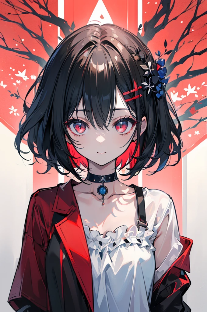 (masterpiece, highest quality, highest quality, (No text), Beautiful and aesthetic:1.2),No text,アニメ、BREAK,One Girl，Black Hair Girl　short hair　older sister　choker　Tree Eyes　Beautiful eyes　Red eyes　cool　smile　Red and Black　Black jacket　mini skirt　whole body　In town